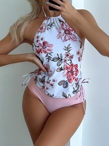 Swim Lushoire Summer Beach Random Floral Print Drawstring Side Tie Backless Halter Tankini