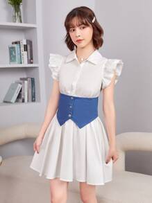 SHEIN Teen Girls Ruffle Trim Shirt Dress With Corset