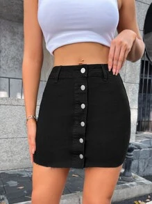 SHEIN Frenchy Váy denim nữ Túi Hem thô Nút phía trước màu trơn - màu đen - Xem 5