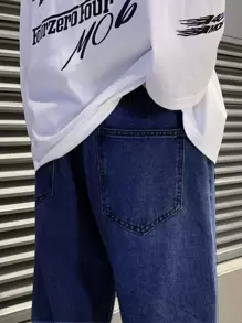 男士斜口袋闊腿牛仔褲 - 深色水洗藍 - 查看 5