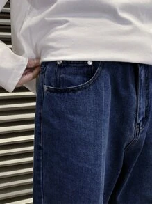 男士斜口袋闊腿牛仔褲 - 深色水洗藍 - 查看 6