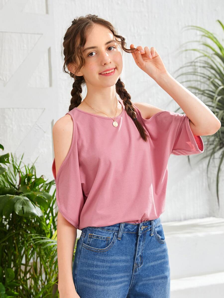 SHEIN Teen Girls Cold Shoulder Solid Tee - Dusty Pink - View 1