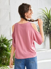 SHEIN Teen Girls Cold Shoulder Solid Tee - Dusty Pink - View 2