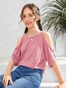 SHEIN Teen Girls Cold Shoulder Solid Tee - Dusty Pink - View 4
