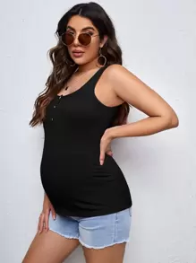 SHEIN Maternity Quarter Button Tank Top - Black - View 1