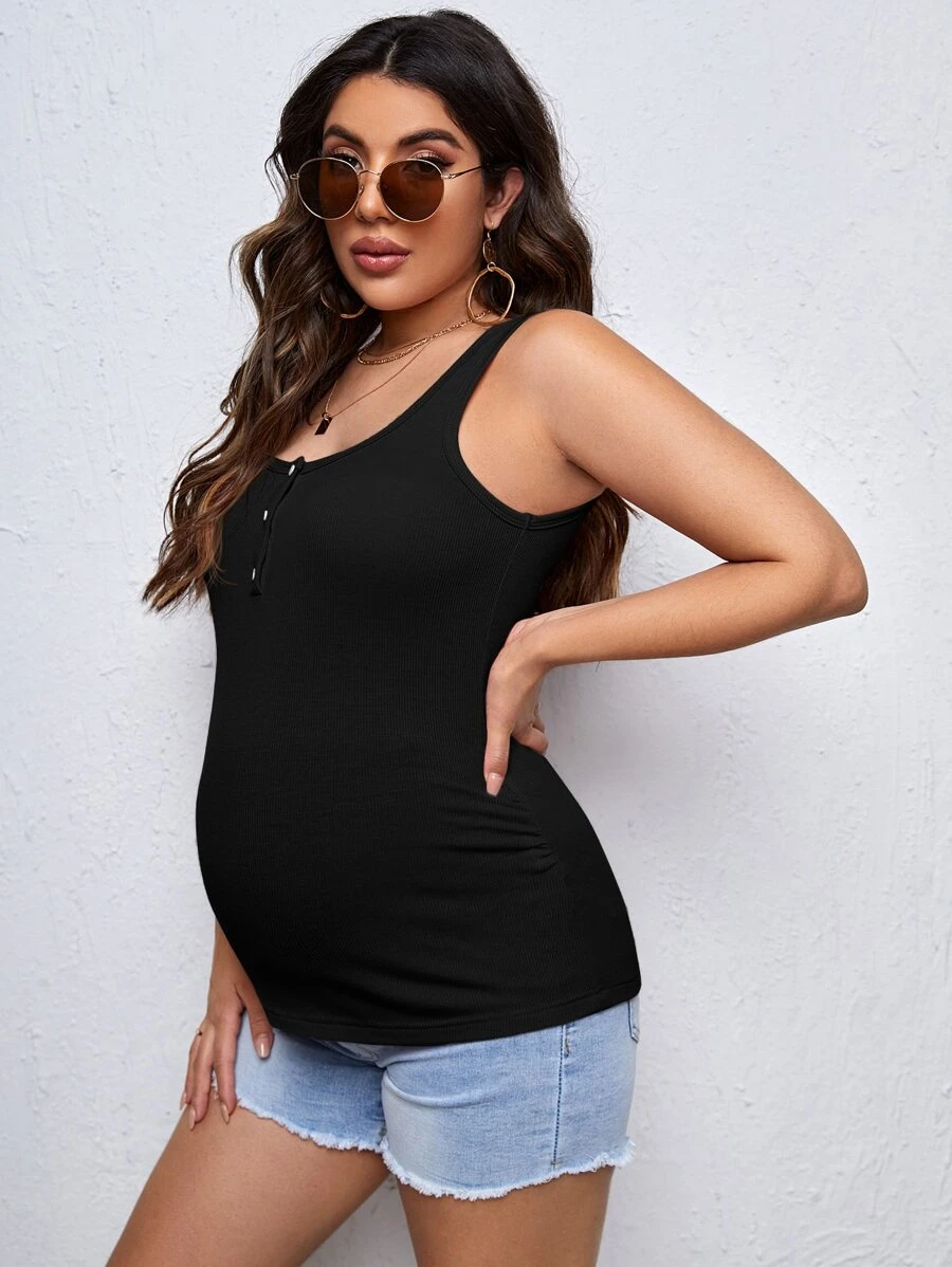 SHEIN Maternity Quarter Button Tank Top - Black - View 1