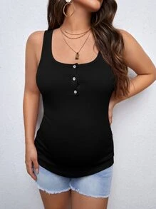 SHEIN Maternity Quarter Button Tank Top - Black - View 3