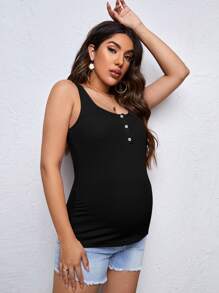 SHEIN Maternity Quarter Button Tank Top - Black - View 5