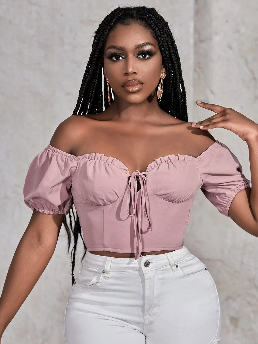 SHEIN SXY Shirred Back Frill Trim Tie Front Ruched Bust Crop Blouse - Dusty Pink - View 1