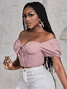 SHEIN SXY Shirred Back Frill Trim Tie Front Ruched Bust Crop Blouse - Dusty Pink - View 3