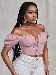 SHEIN SXY Shirred Back Frill Trim Tie Front Ruched Bust Crop Blouse - Dusty Pink - View 4