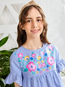 SHEIN Teen Girls Striped & Floral Print Keyhole Back Smock Dress - Blue and White - View 3