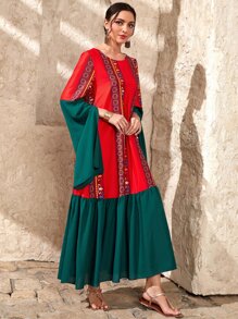 Al Najma Geo Print Colourblock Flounce Sleeve Ruffle Hem Smock Dress Without Belt - Multicolor - View 3