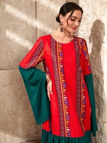 Al Najma Geo Print Colourblock Flounce Sleeve Ruffle Hem Smock Dress Without Belt - Multicolor - View 4