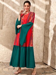 Al Najma Geo Print Colourblock Flounce Sleeve Ruffle Hem Smock Dress Without Belt - Multicolor - View 5