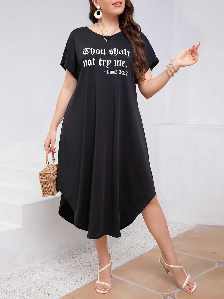 Mulvari Đầm Plus Size Slogan Giải trí - màu đen - Xem 1