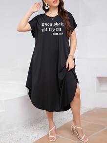 Mulvari Đầm Plus Size Slogan Giải trí - màu đen - Xem 5