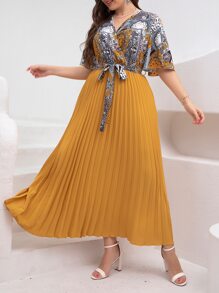 Mulvari Plus Paisley Print Pleated Belted Dress For Summer - Multicolor - View 1