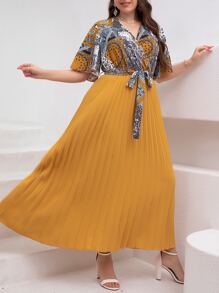 Mulvari Plus Paisley Print Pleated Belted Dress For Summer - Multicolor - View 3