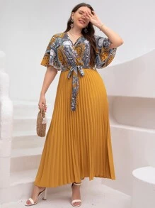 Mulvari Plus Paisley Print Pleated Belted Dress For Summer - Multicolor - View 4