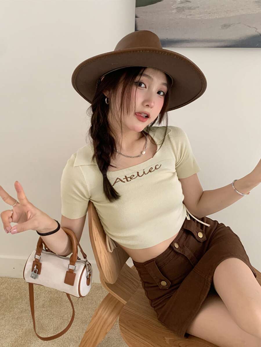 Letter Graphic Drawstring Side Crop Tee - Apricot - View 1