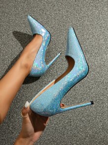 Giày cao gót Nữ long lanh Khối Màu Mốt - Màu xanh lam - Xem 3