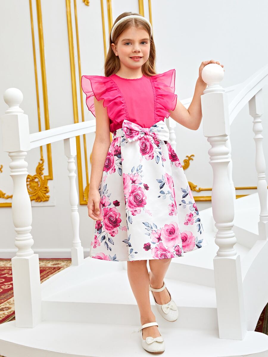 SHEIN Tween Girl Ruffle Trim Blouse & Floral Print Bow Front Skirt - Multicolor - View 1