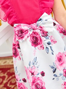 SHEIN Tween Girl Ruffle Trim Blouse & Floral Print Bow Front Skirt - Multicolor - View 3