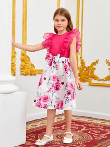 SHEIN Tween Girl Ruffle Trim Blouse & Floral Print Bow Front Skirt - Multicolor - View 4