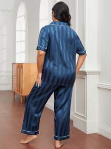 Plus Contrast Piping Satin Top & Pants PJ Set, Pajama Set - Navy Blue - View 2