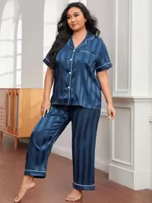 Plus Contrast Piping Satin Top & Pants PJ Set, Pajama Set - Navy Blue - View 3