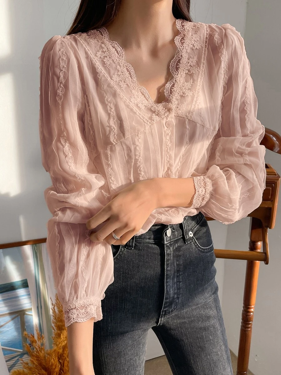 DAZY Embroidery Mesh Puff Sleeve Blouse Going Out Tops,Fall Women Clothes Long Sleeve Top - Pink - View 1