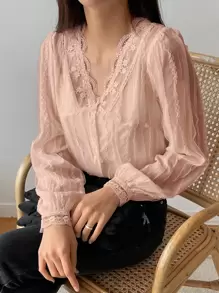 DAZY Embroidery Mesh Puff Sleeve Blouse Going Out Tops,Fall Women Clothes Long Sleeve Top - Pink - View 2