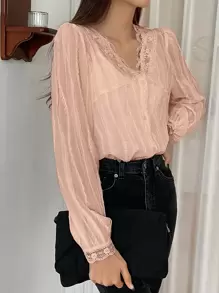 DAZY Embroidery Mesh Puff Sleeve Blouse Going Out Tops,Fall Women Clothes Long Sleeve Top - Pink - View 4