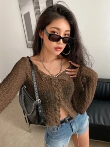 DAZY Button Through Semi-Sheer Textured Blouse - Coffee Brown - View 1