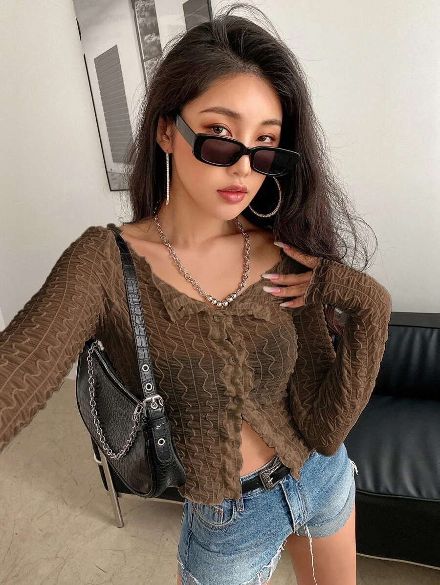 DAZY Button Through Semi-Sheer Textured Blouse - Coffee Brown - View 1