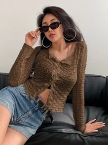 DAZY Button Through Semi-Sheer Textured Blouse - Coffee Brown - View 5