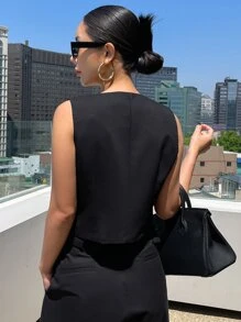 DAZY Women's Solid Color Single-Breasted V-Neck Business Casual Vest, Autumn - Black - View 2