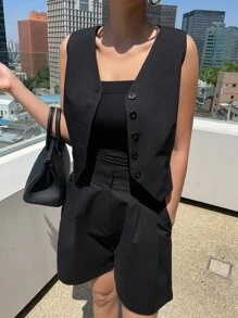 DAZY Women's Solid Color Single-Breasted V-Neck Business Casual Vest, Autumn - Black - View 5