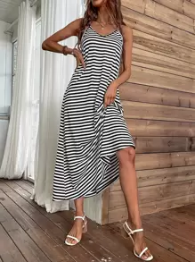 SHEIN VCAY Vestido de tirantes con estampado de rayas - Blanco y Negro - Ver 1