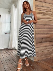 SHEIN VCAY Vestido de tirantes con estampado de rayas - Blanco y Negro - Ver 5