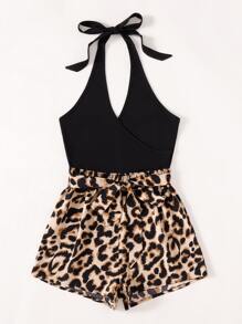 SHEIN Unity Leopard Tie Backless Halter Romper - Multicolor - View 5