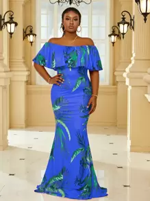 Plus Tropical Print Off Shoulder Ruffle Trim Maxi Formal Dress - Blue - View 1