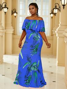 Plus Tropical Print Off Shoulder Ruffle Trim Maxi Formal Dress - Blue - View 4