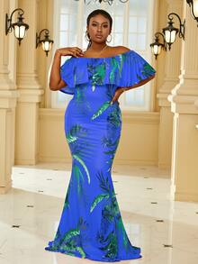 Plus Tropical Print Off Shoulder Ruffle Trim Maxi Formal Dress - Blue - View 5