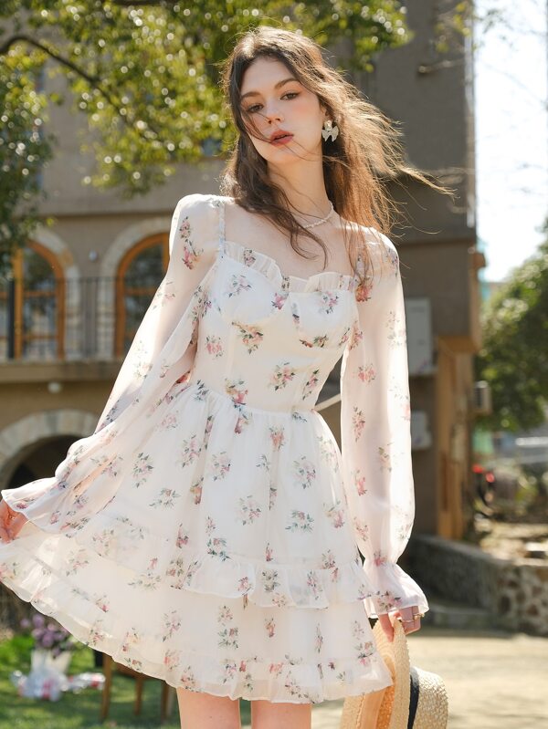 Floral Print Flounce Sleeve Layered Hem Dress SHEIN USA