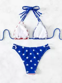 Summer Beach American USA Flag Print Bikini Set Halter Triangle Top & Bikini Bottom 2 Pieces Bikini 4th Of July Bikini Set For Summer Beach
