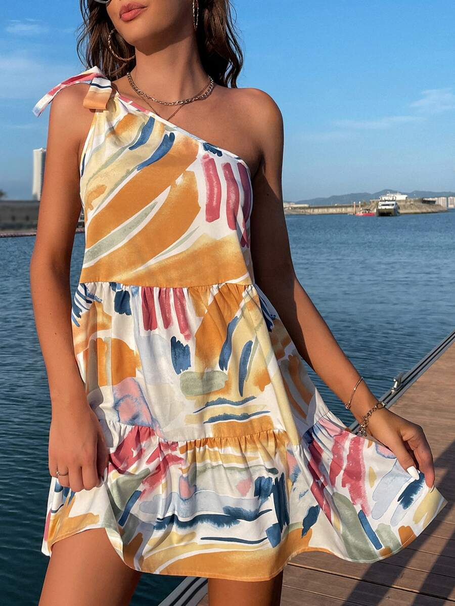 Breezaya Graphic Print One Shoulder Knot Side Ruffle Hem Dress - Multicolor - View 1