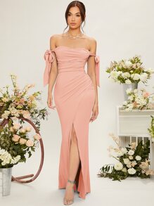 SHEIN Belle 一字肩側打結褶邊圍裹下擺伴娘連衣裙 - 淺粉色 - 查看 4