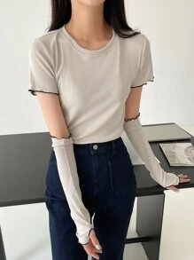 DAZY Lettuce Trim Ribbed Knit Tee With Arm Sleeves - Apricot - View 7